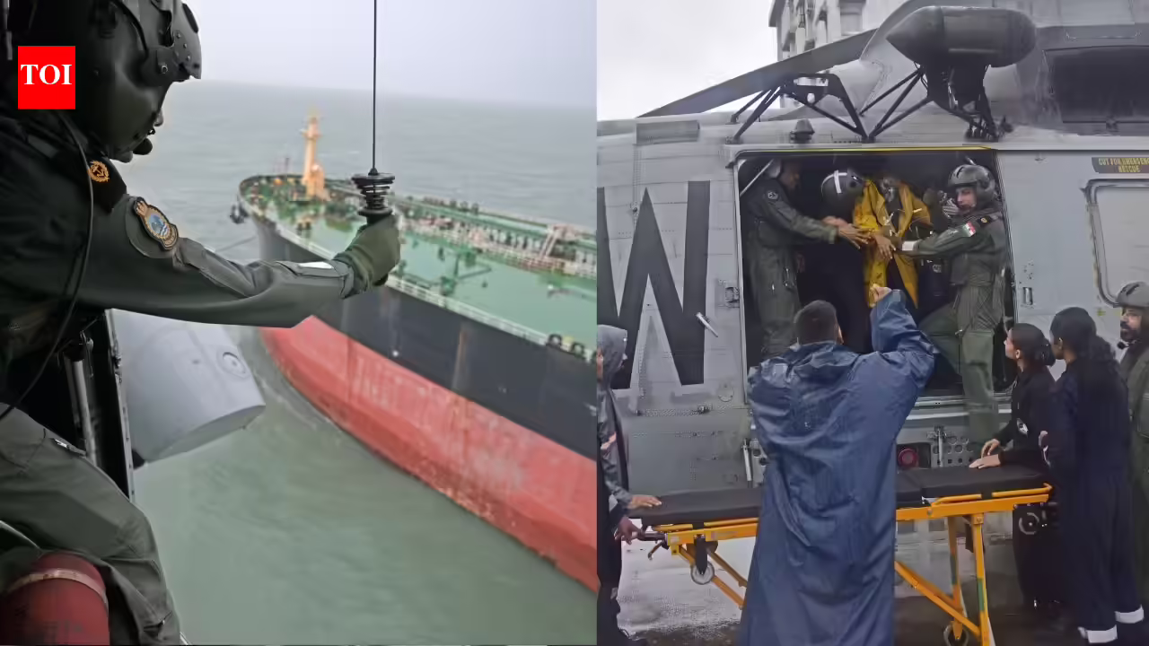 Despite ‘red alert’, Navy chopper rescues injured seafarer from oil tanker off Mumbai coast amid heavy rains | Mumbai News